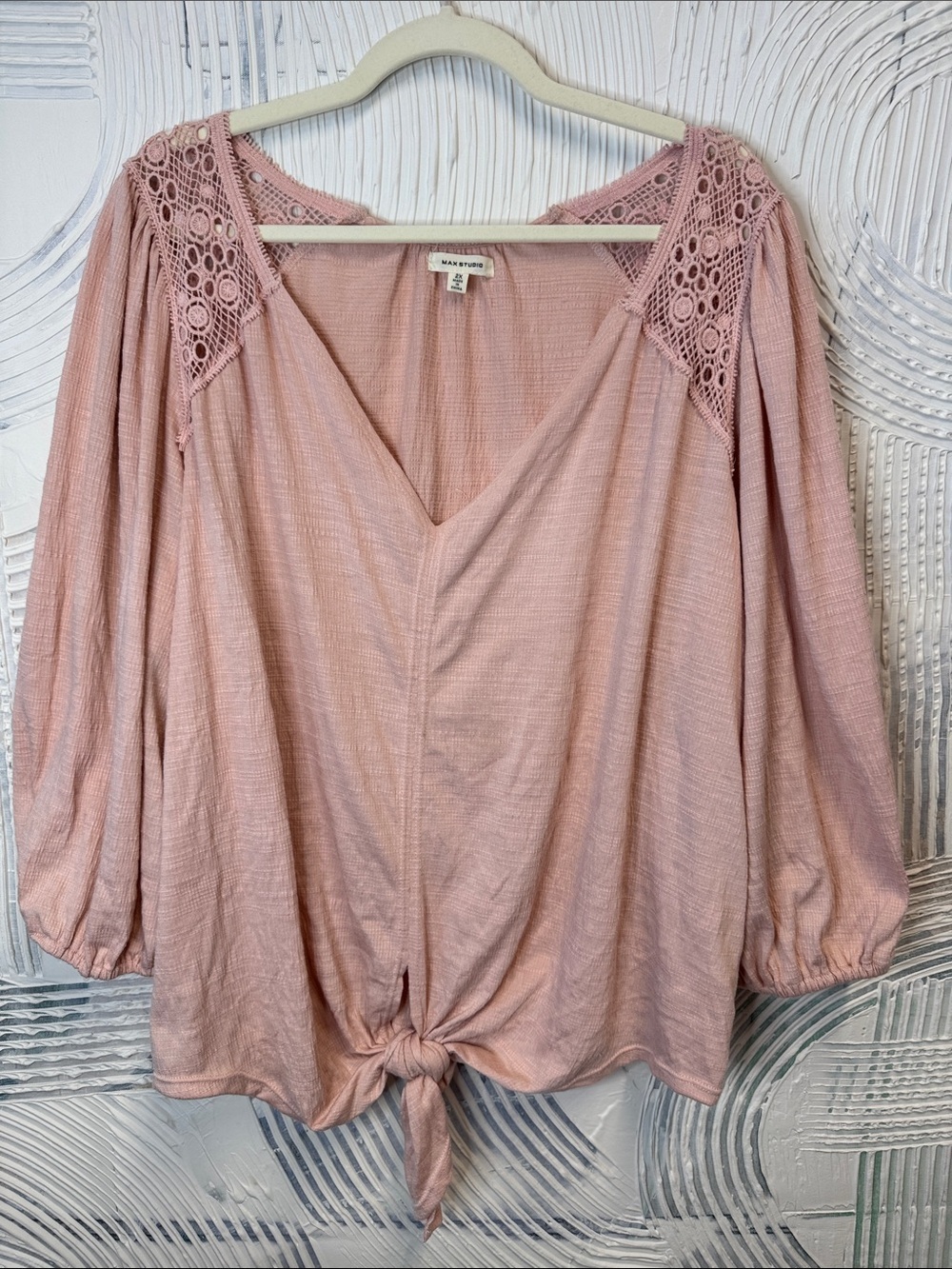 Max Studio Blush Pink Crochet Shoulder Tie-Front Blouse N0584